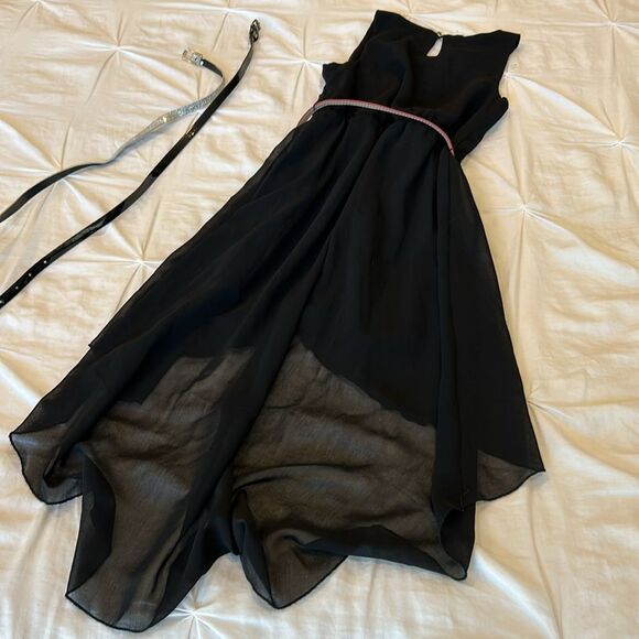 CRB Girl's Black Sleeveless Empire Waist Asymmetrical Tulip Dress w/3 Belts Sz 8 - Picture 5 of 7